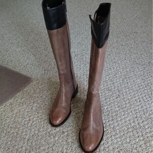 Saks Fifth Avenue Italy Taupe Brown Black Leather Knee High Riding boots sz 6